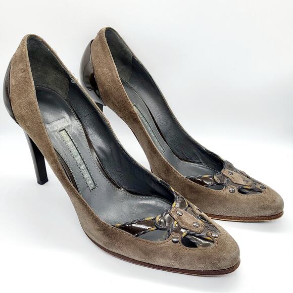 Vintage Proenza Schouler Brown Suede Patent Leather Cut-out Heels Women's Sz 8.5 - Picture 2 of 11